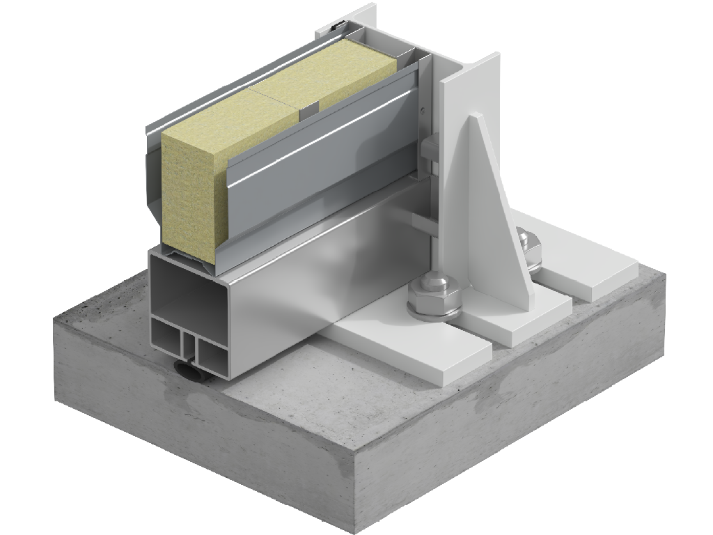 Akustik ekran varag‘i bilan poydevor (rostverk) o‘rtasidagi bo‘shliqni yopish uchun texnik yechim ishlab chiqildi. Ushbu yechim ekraning akustik samaradorligini oshiradi. Tugun alyuminiy yoki po‘lat prugasi asosida, pastki qismida yopishtiruvchi element bilan bajarilishi mumkin.